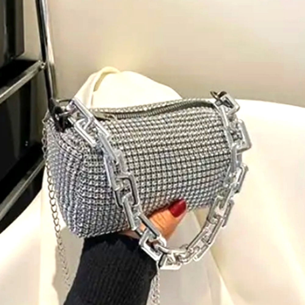 Crossbody handbag, silver 6.70L X3.93H X3.54W with double chains